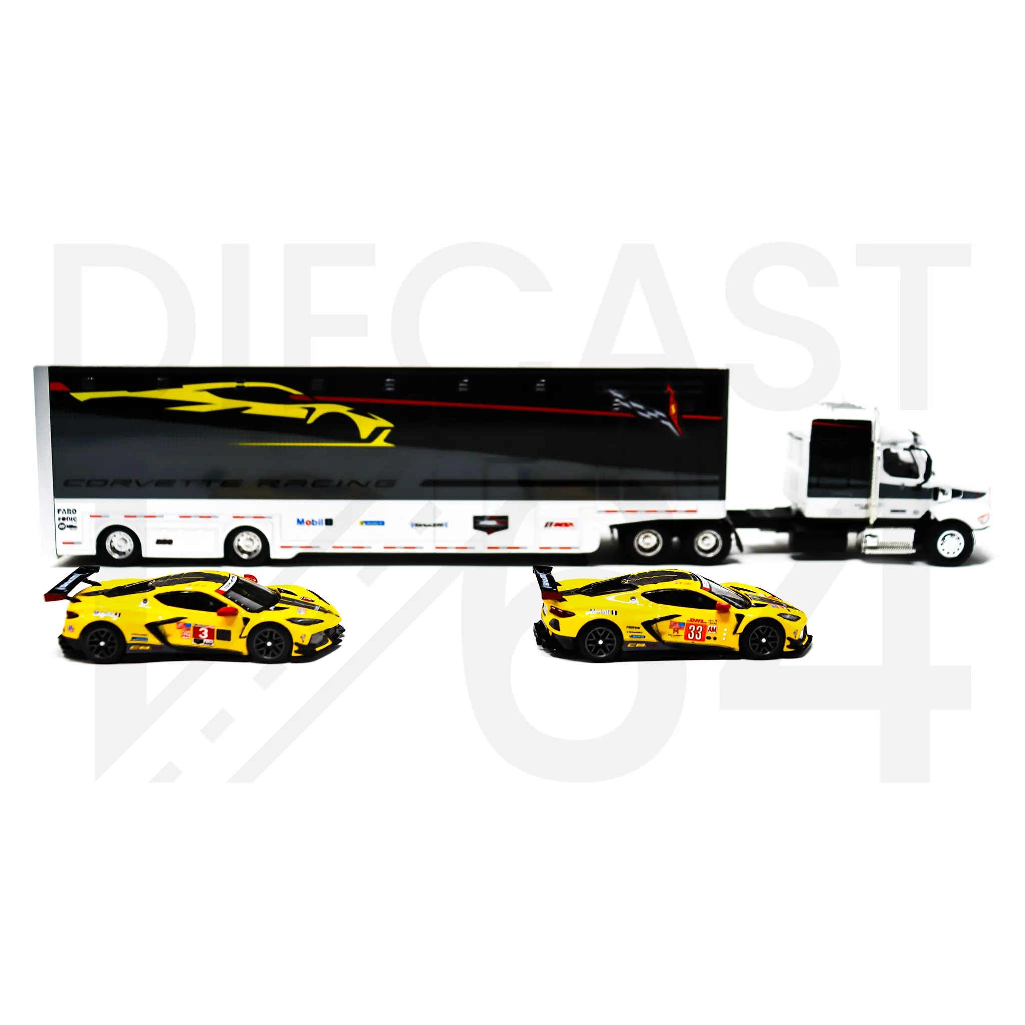 Mini GT Chevrolet Corvette C8R Racing Cars with Western Star Transporter