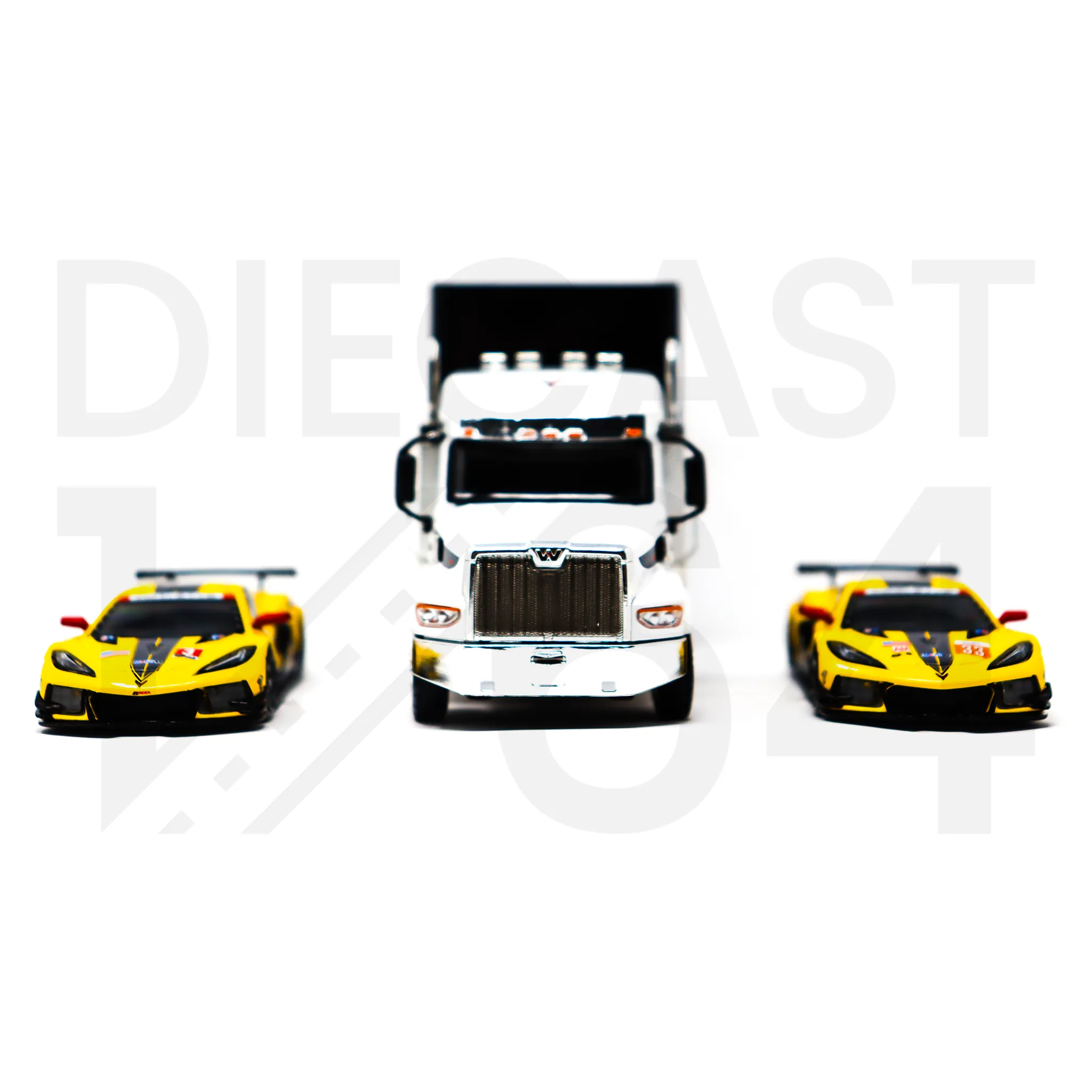 Mini GT Chevrolet Corvette C8R Racing Cars with Western Star Transporter