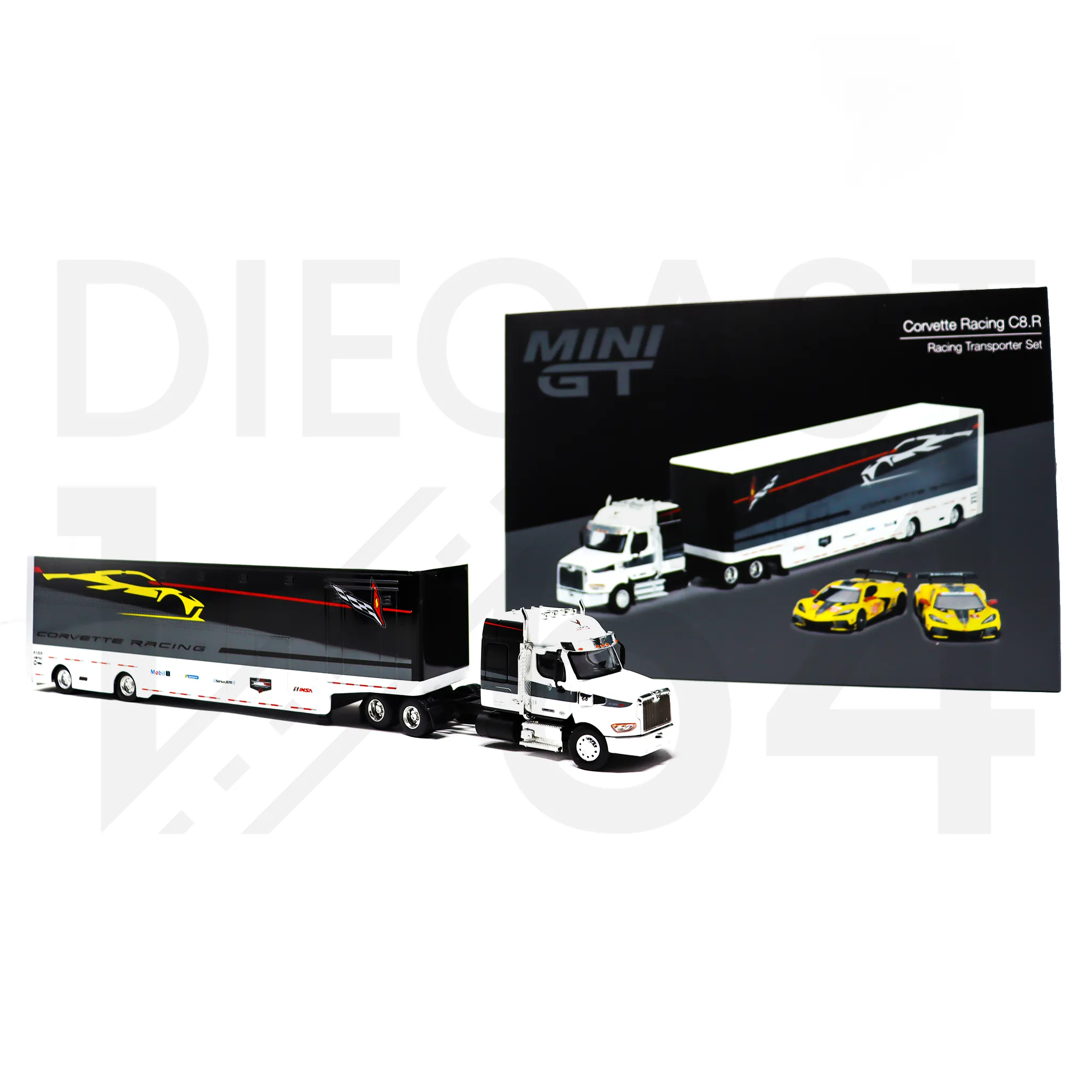 Mini GT Chevrolet Corvette C8R Racing Cars with Western Star Transporter