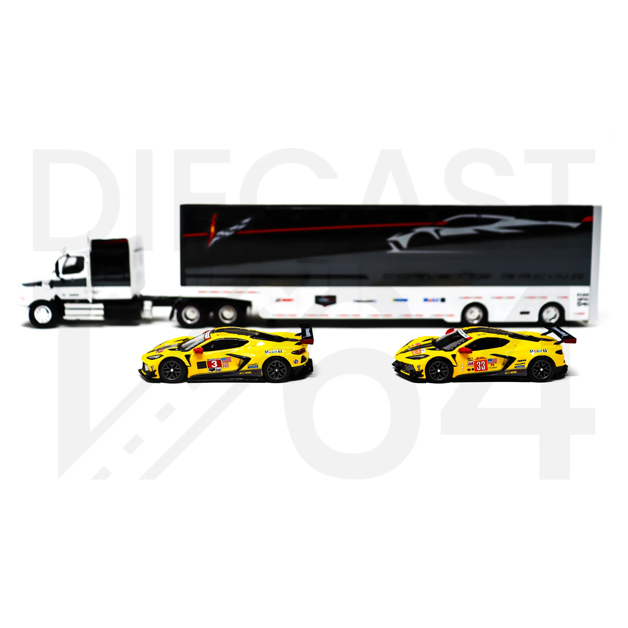 Mini GT Chevrolet Corvette C8R Racing Cars with Western Star Transporter