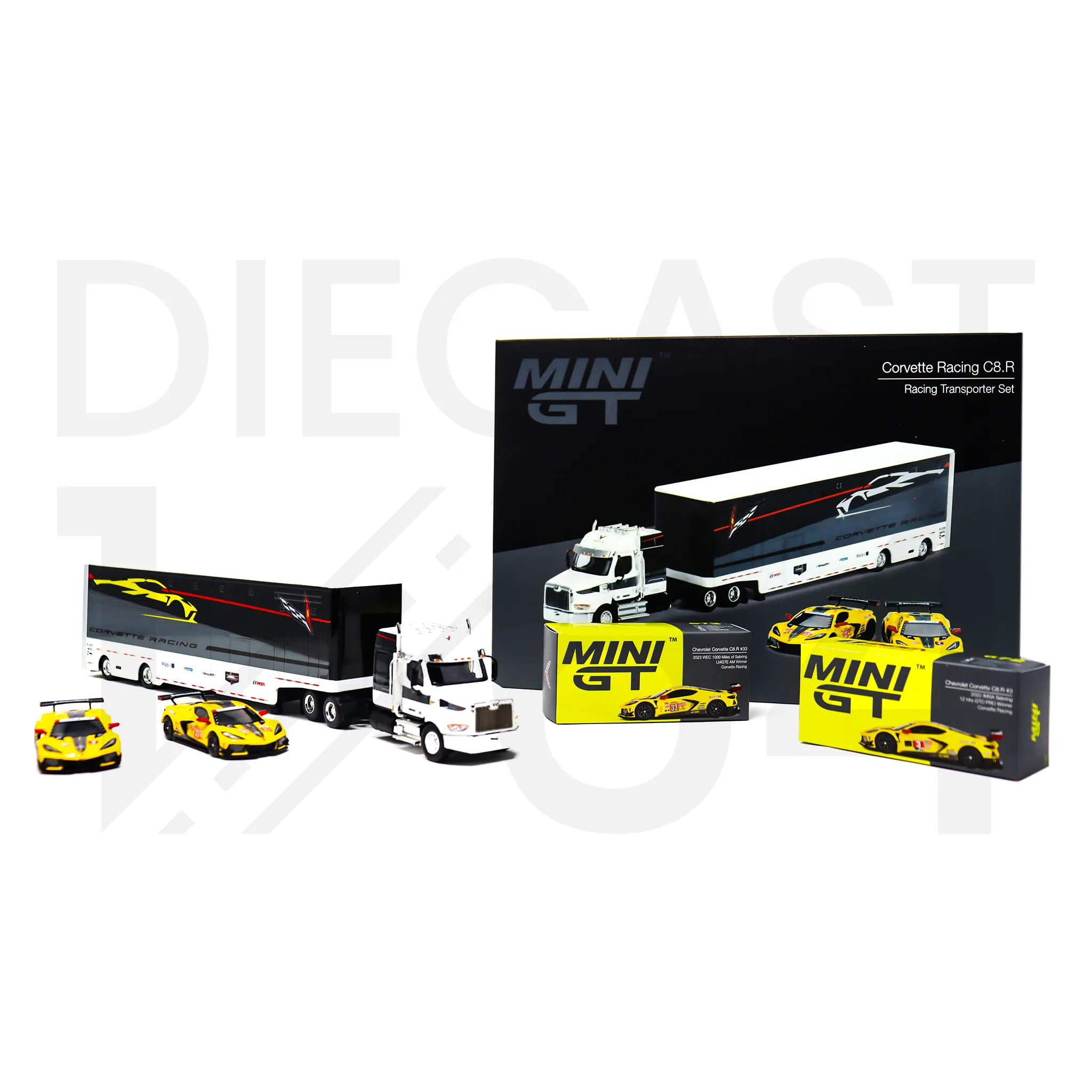 Mini GT Chevrolet Corvette C8R Racing Cars with Western Star Transporter