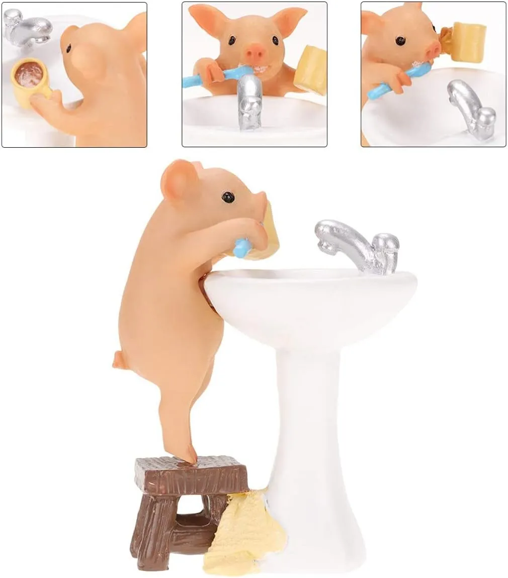 Mini Pig Figurine, Resin Home Decor, Lucky Animal Garden Statue for Micro Landscape (Pig Brushing Teeth)