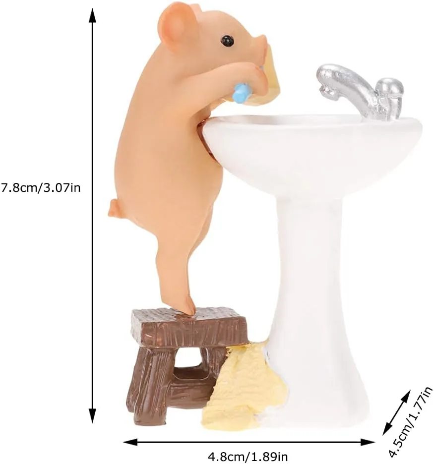 Mini Pig Figurine, Resin Home Decor, Lucky Animal Garden Statue for Micro Landscape (Pig Brushing Teeth)