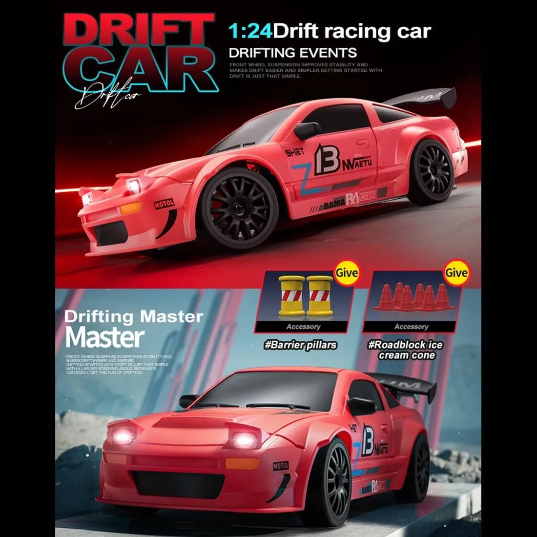 Mini RC Drift Car Model with Lights, Controllable Two Speed Switching, 1:24 Scale Remote Control Electric Racing Car, 4WD High Speed Racing Vehicle for Adults