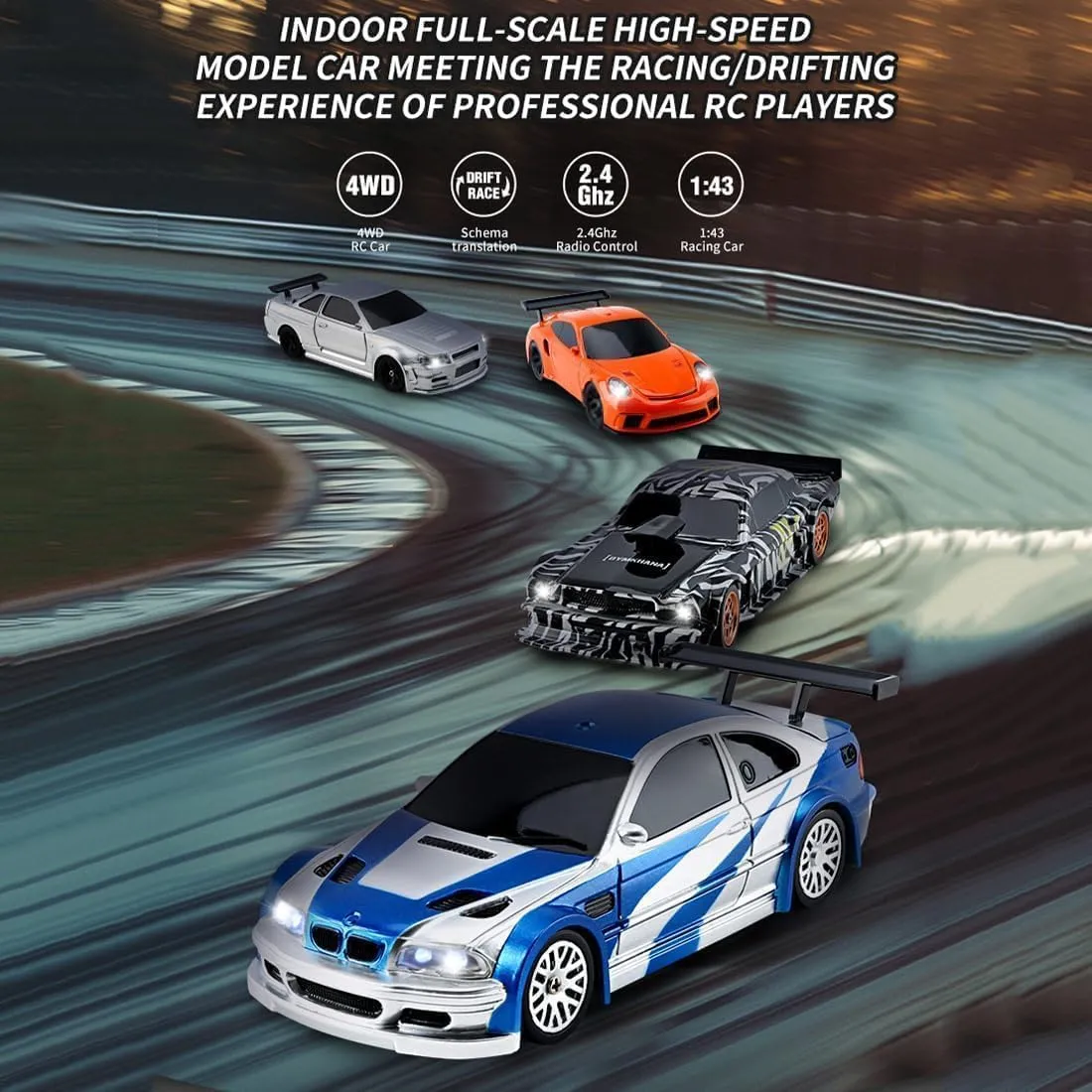 Mini Storms 1/43 Scale 2.4g Full Slidestorm RC Drift Car - 2025 New Electric Mini Racing With Lights Kit, Feel The Joy of Driving (Blue)