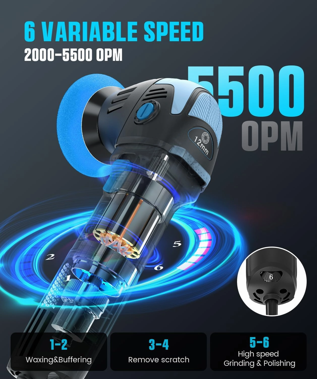 Mini Polisher, 2inch/ 3inch 750W Car Buffer with 12mm Random Orbital-Improve Work Efficiency by 35%, with 16pcs Trapezoidal Polisher Pads &16.4 ft Cord, for Car Detailing and Waxing