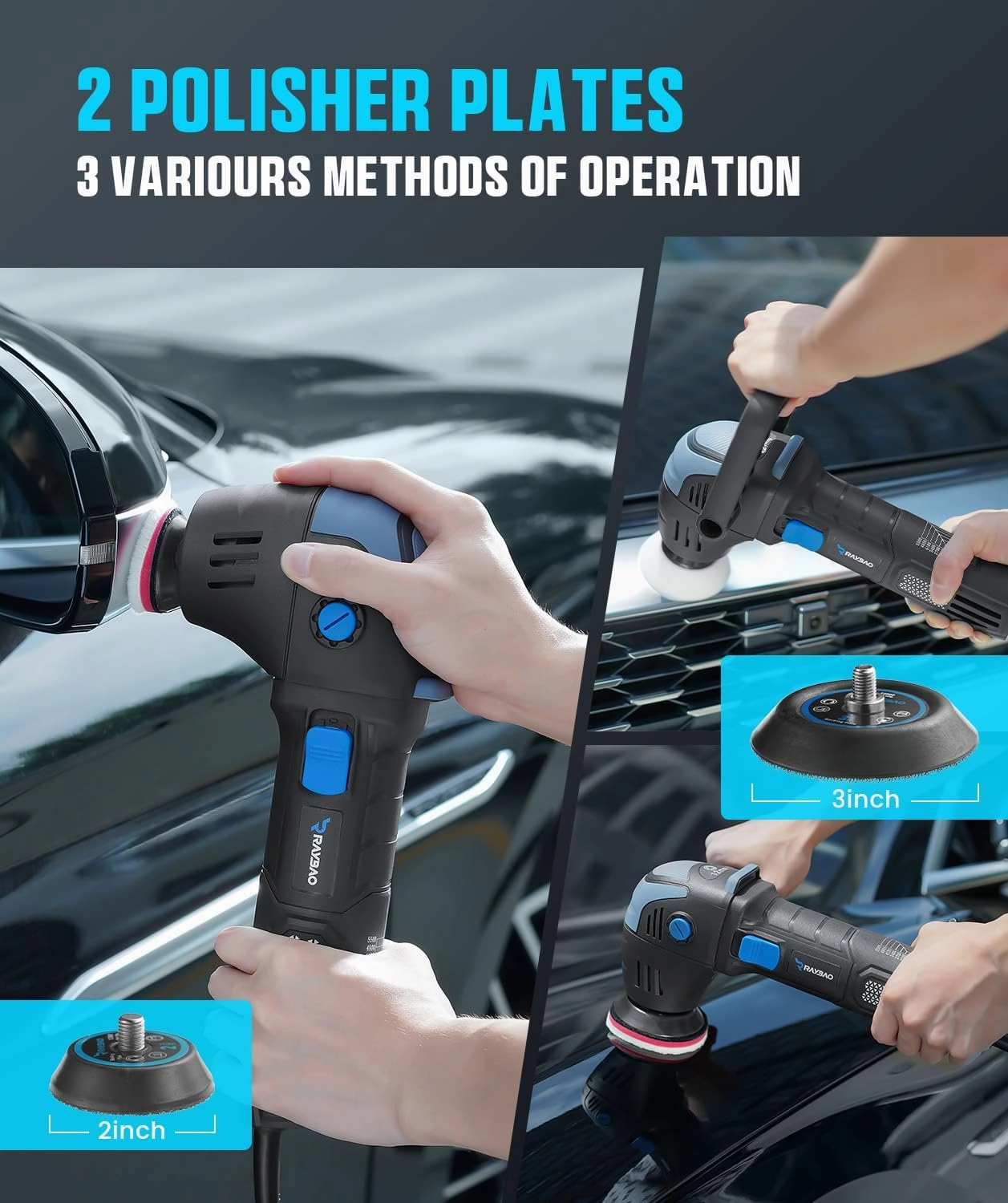 Mini Polisher, 2inch/ 3inch 750W Car Buffer with 12mm Random Orbital-Improve Work Efficiency by 35%, with 16pcs Trapezoidal Polisher Pads &16.4 ft Cord, for Car Detailing and Waxing