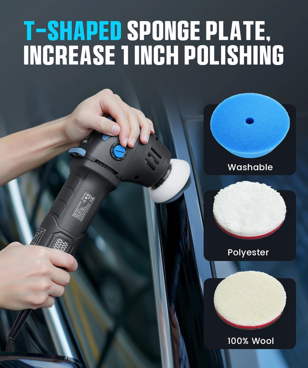 Mini Polisher, 2inch/ 3inch 750W Car Buffer with 12mm Random Orbital-Improve Work Efficiency by 35%, with 16pcs Trapezoidal Polisher Pads &16.4 ft Cord, for Car Detailing and Waxing