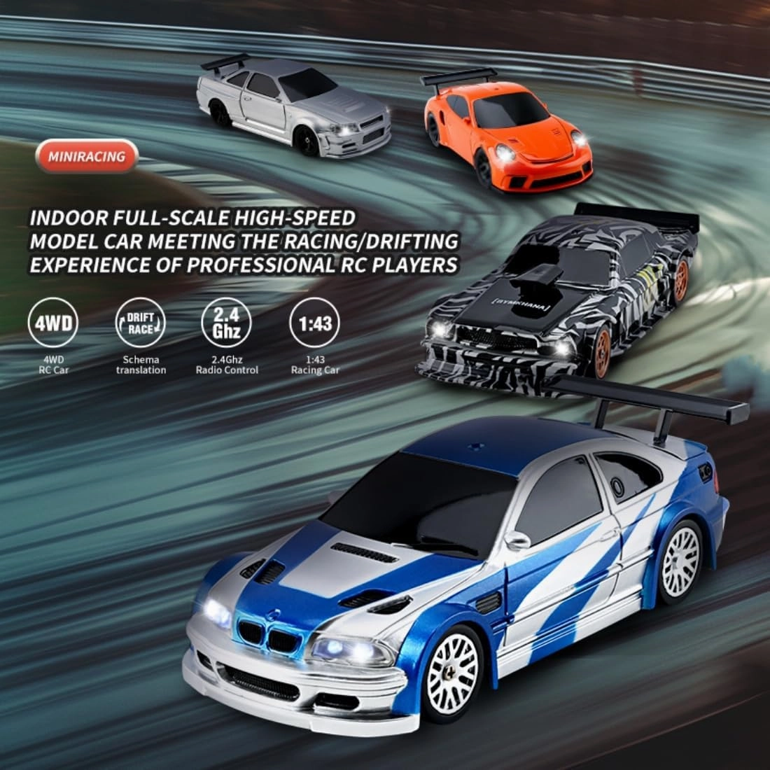 Mini RC Electric Racing Car 4WD with Lights, High Speed RC Vehicle for Adults - RTR Version, 4302 (Blue&White)