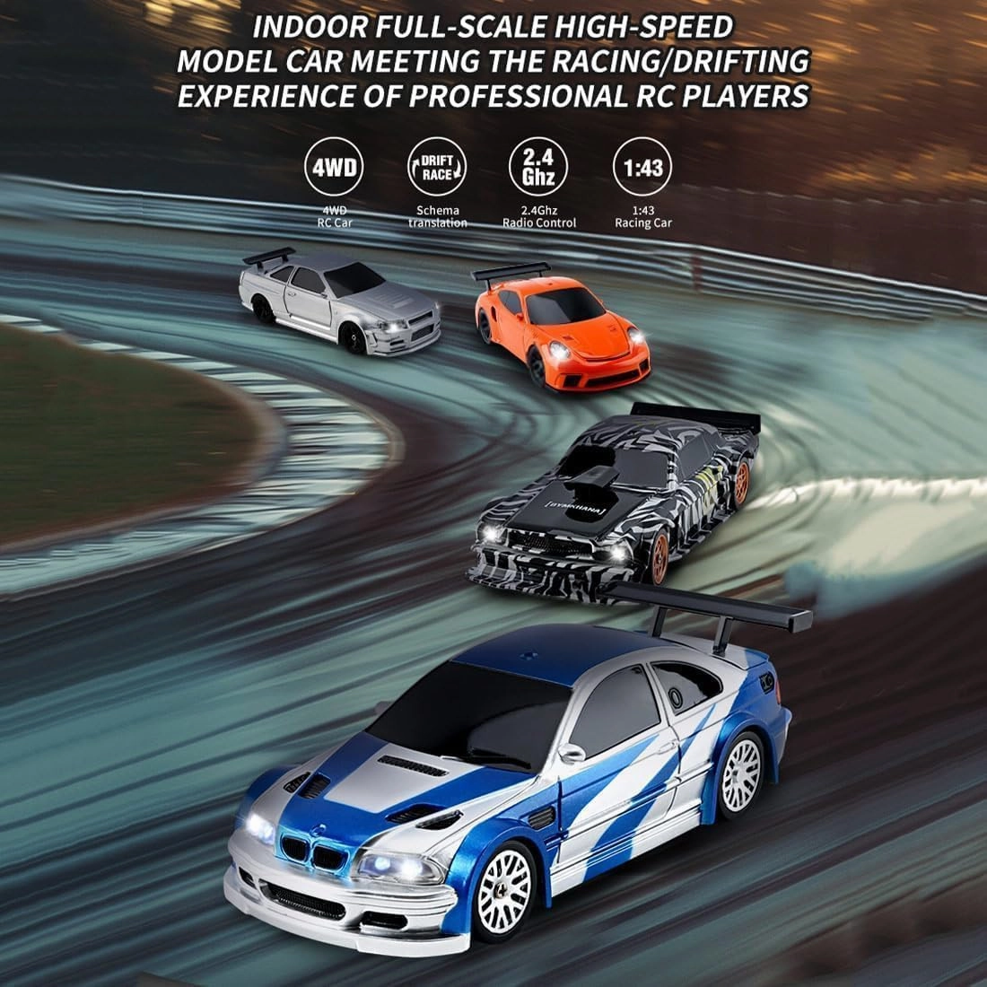 Mini Storms 1/43 Scale 2.4g Full Slidestorm RC Drift Car - 2025 New Electric Mini Racing With Lights Kit, Feel The Joy of Driving (Orange)