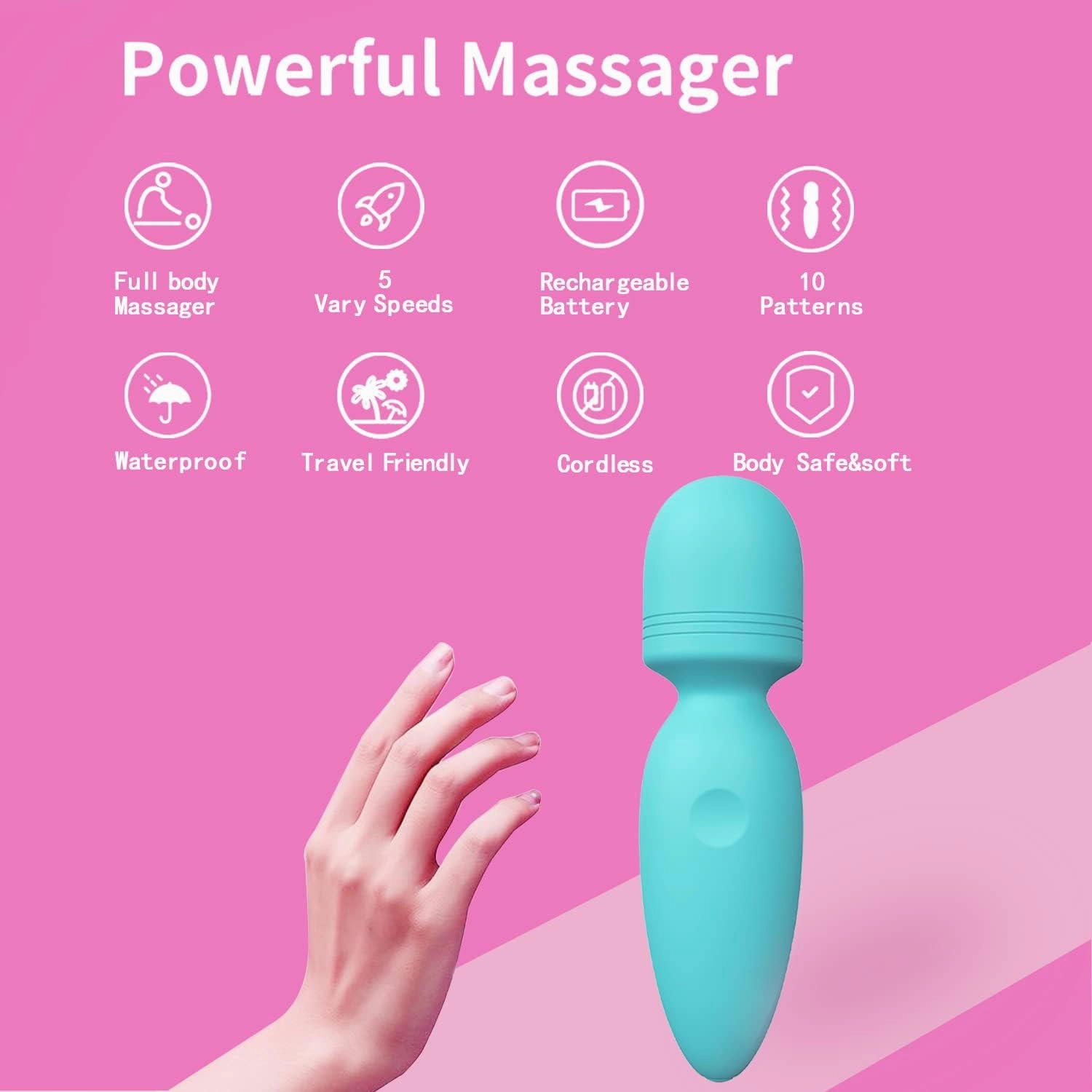 Mini Wand Massager,Small Cordless Handheld Massager with 10 Quiet Vibration Modes, Personal Handheld Rechargeable Massager for Neck Shoulder Back Body