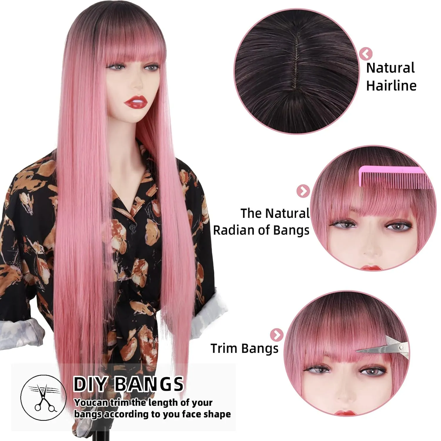 MISSQUEEN Long Pink Wigs with Bangs, Straight Pink Omber Wig for Women, Natural Looking for Party and Cosplay (30 Inch)