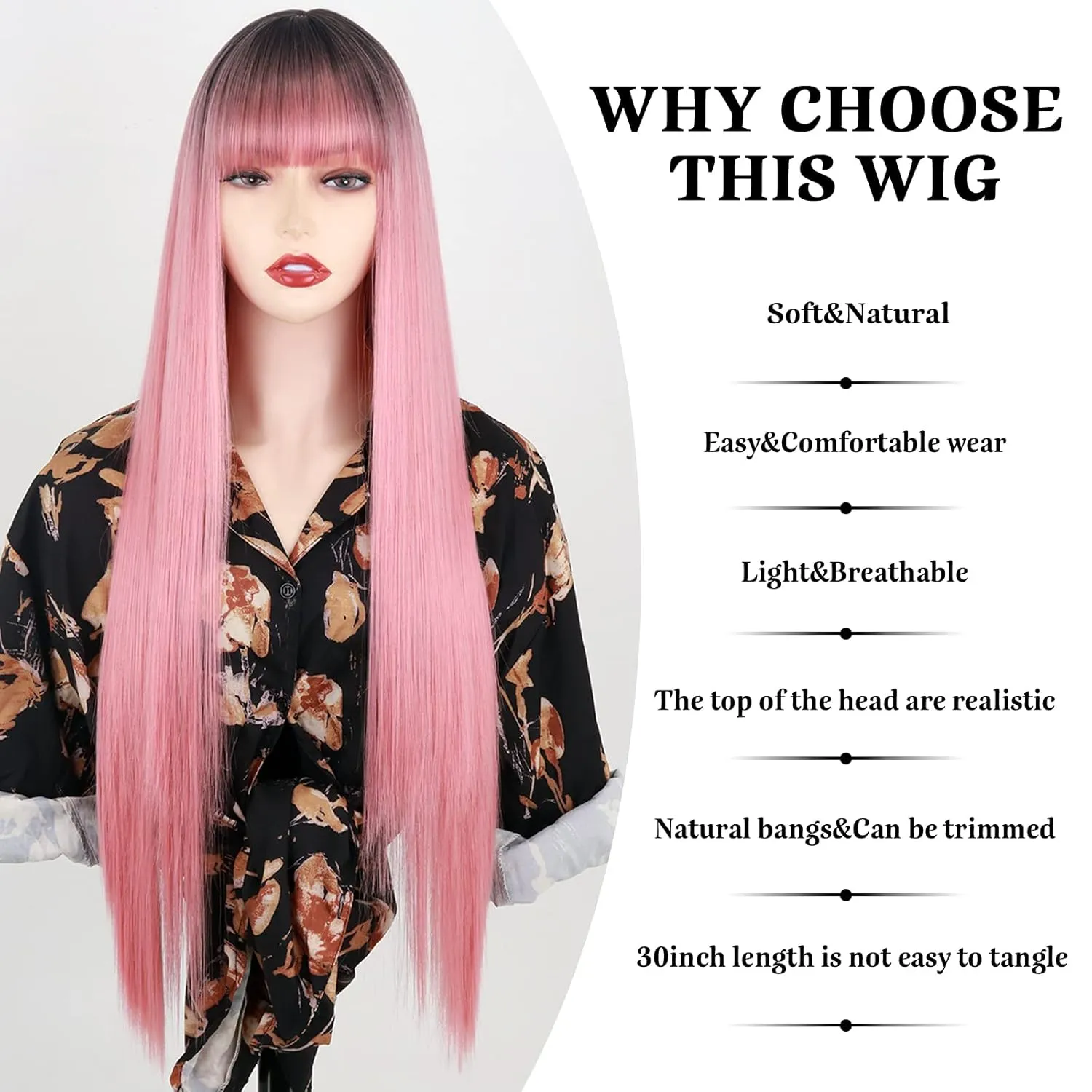 MISSQUEEN Long Pink Wigs with Bangs, Straight Pink Omber Wig for Women, Natural Looking for Party and Cosplay (30 Inch)