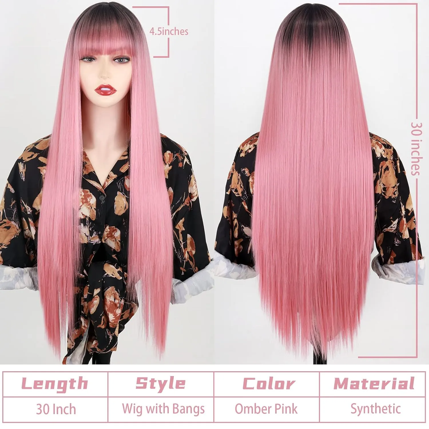 MISSQUEEN Long Pink Wigs with Bangs, Straight Pink Omber Wig for Women, Natural Looking for Party and Cosplay (30 Inch)