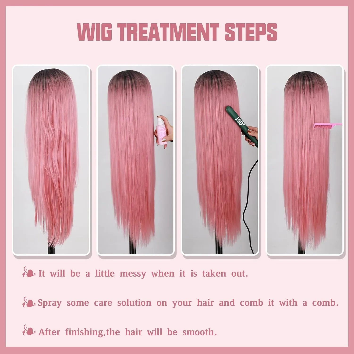 MISSQUEEN Long Pink Wigs with Bangs, Straight Pink Omber Wig for Women, Natural Looking for Party and Cosplay (30 Inch)