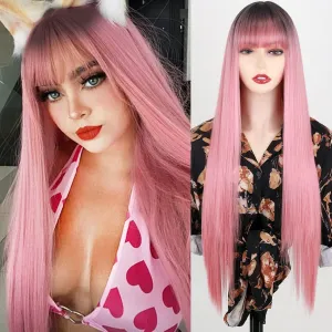 MISSQUEEN Long Pink Wigs with Bangs, Straight Pink Omber Wig for Women, Natural Looking for Party and Cosplay (30 Inch)