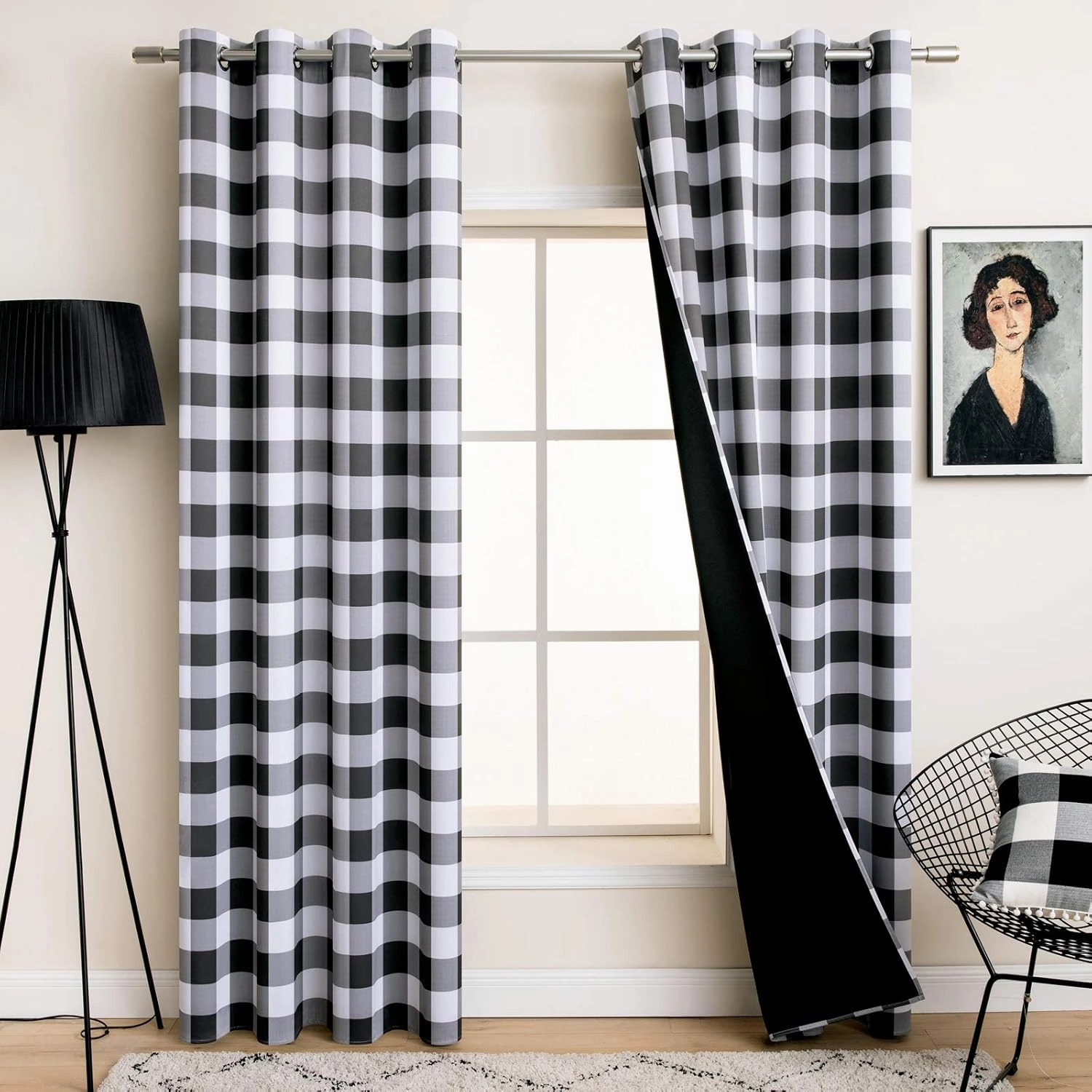 MIULEE Buffalo Plaid Curtains for Farmhouse Bedroom, Blackout Window Drapes with Grommets for Living Room Darkening Light Blocking and Thermal Insulated Set of 2 Panels, W 52" x L 84" Black and White
