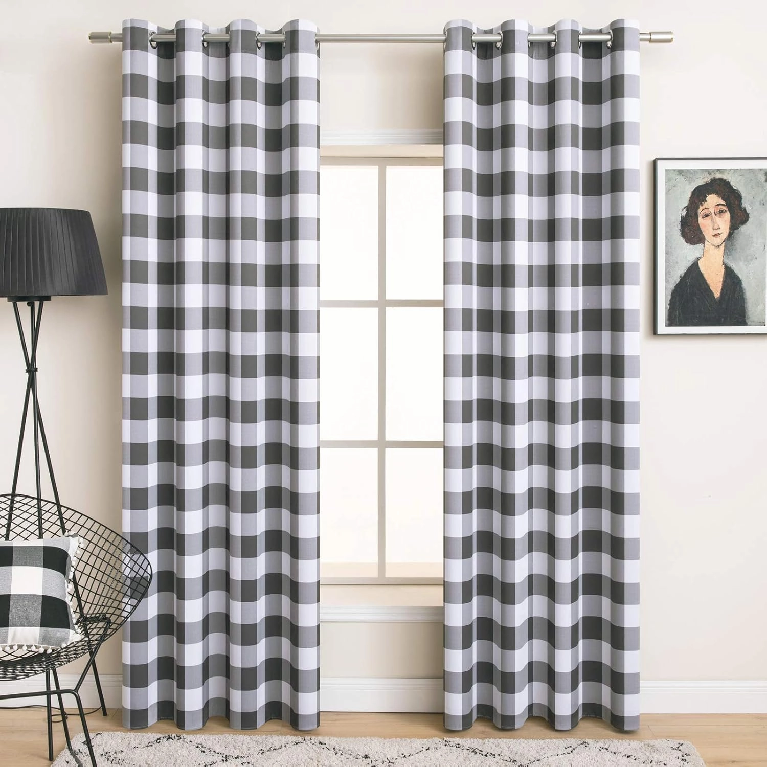 MIULEE Buffalo Plaid Curtains for Farmhouse Bedroom, Blackout Window Drapes with Grommets for Living Room Darkening Light Blocking and Thermal Insulated Set of 2 Panels, W 52" x L 84" Grey and White