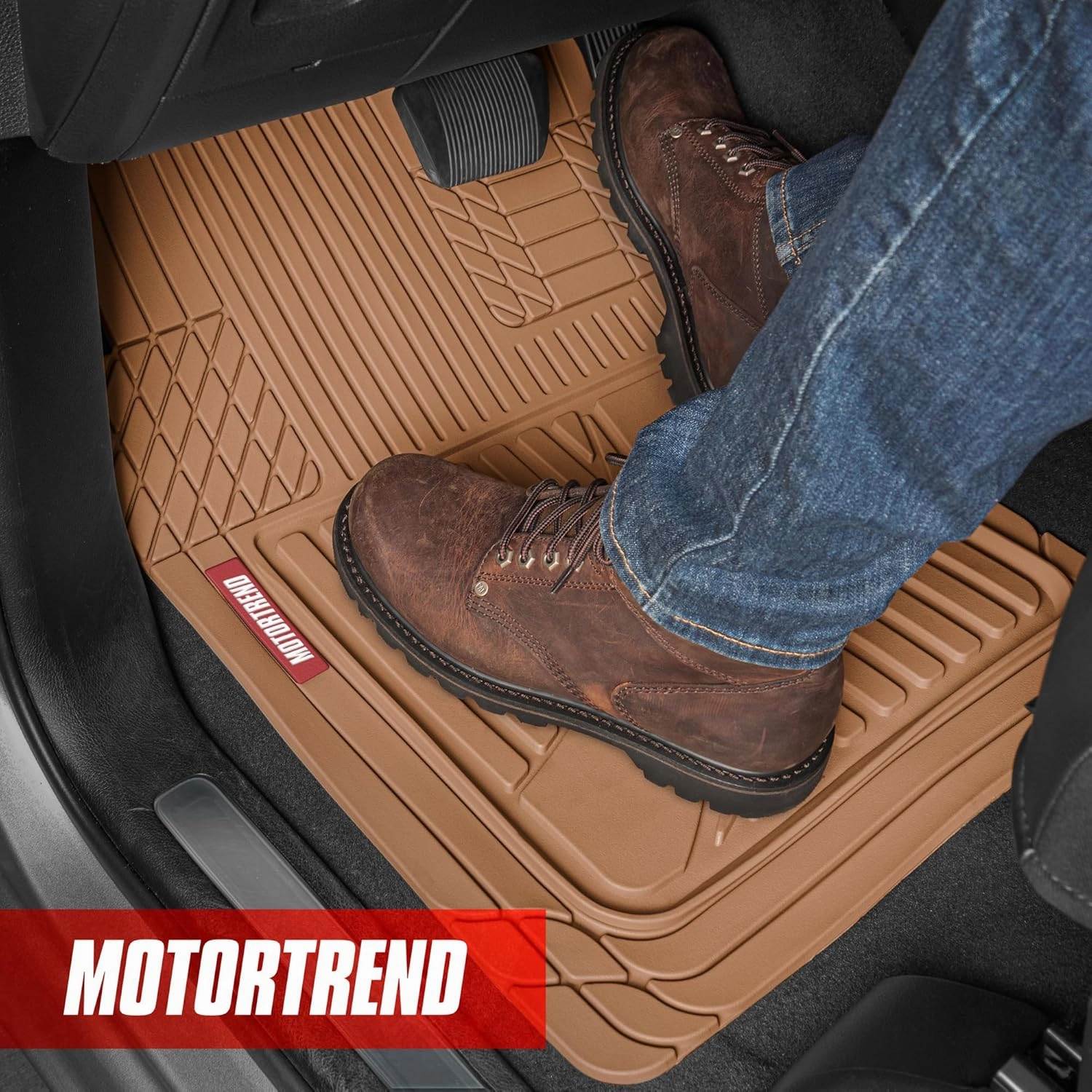 Motor Trend FlexTough Advanced Heavy Duty Beige Rubber Car Floor Mats & Cargo Liner for SUV & Car Full Set - Universal Trim to Fit All Weather Automotive Floor Mats & Cargo Liners for SUV, Car, & Van