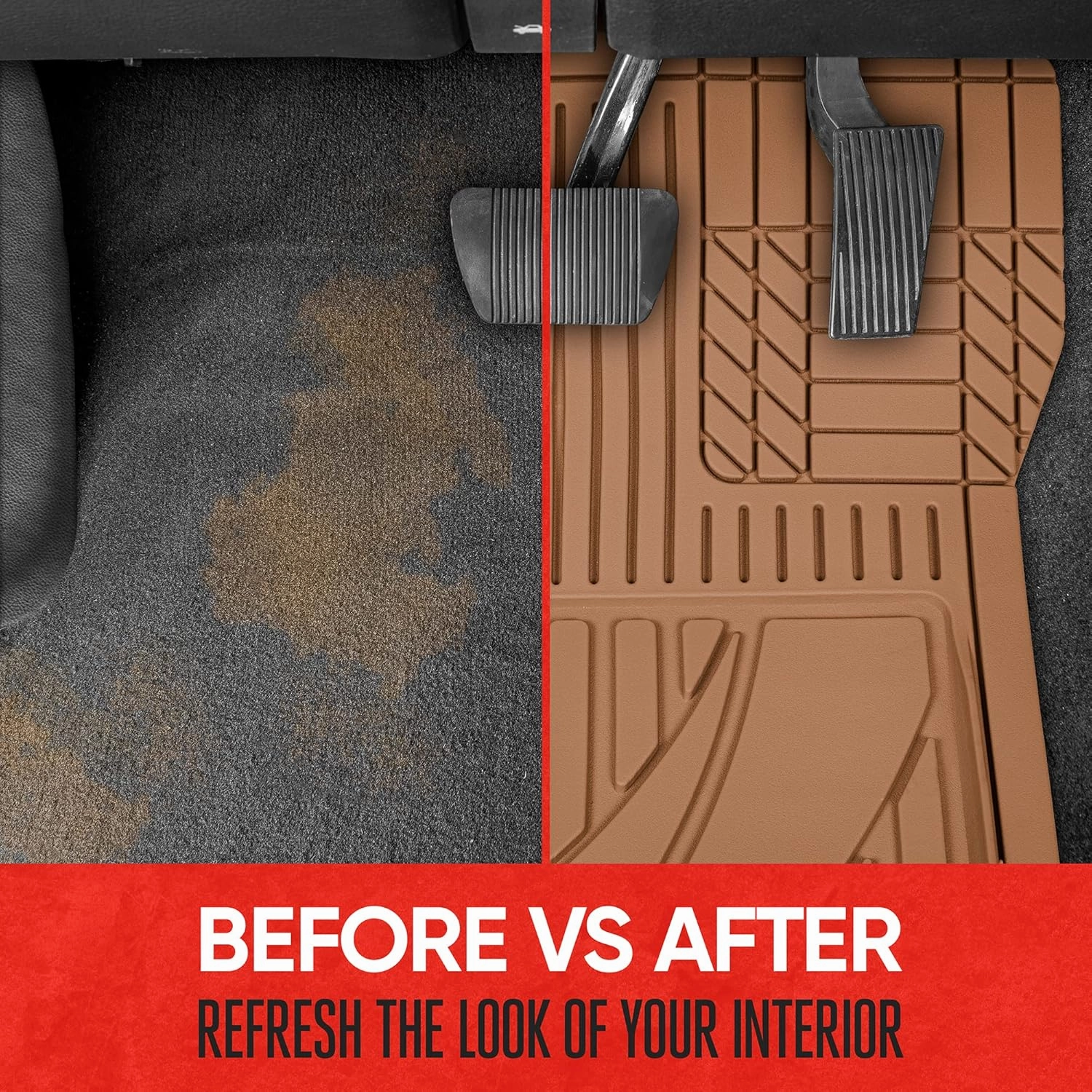 Motor Trend FlexTough Advanced Heavy Duty Beige Rubber Car Floor Mats & Cargo Liner for SUV & Car Full Set - Universal Trim to Fit All Weather Automotive Floor Mats & Cargo Liners for SUV, Car, & Van