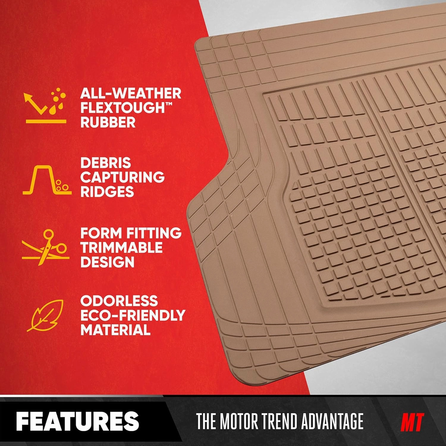 Motor Trend FlexTough Advanced Heavy Duty Beige Rubber Car Floor Mats & Cargo Liner for SUV & Car Full Set - Universal Trim to Fit All Weather Automotive Floor Mats & Cargo Liners for SUV, Car, & Van