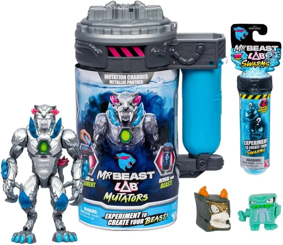 Mr. Beast Lab Mutators 5.5 Inch Collector Mutation Chamber Metallic Panther with 2 Mystery Micro Beasts Swarms Mystery Collectable Figure Gift Bundled Set