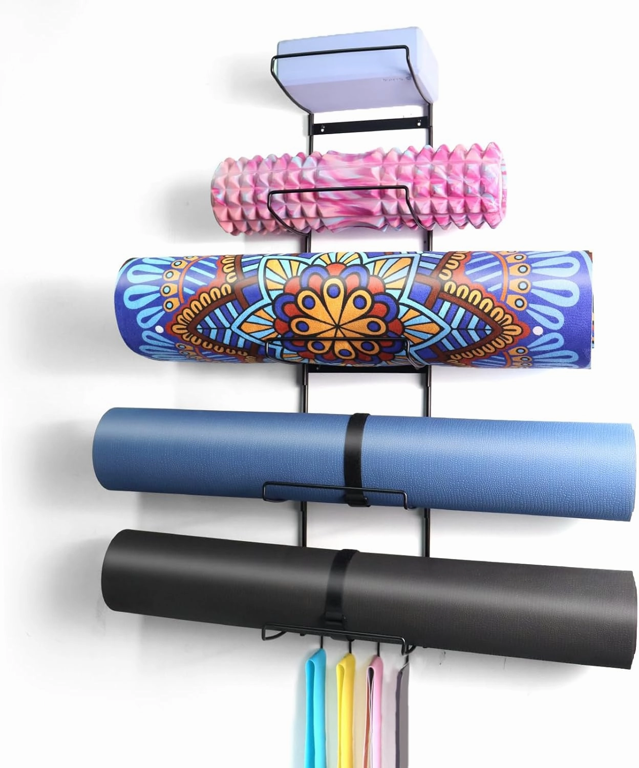 MRZZATA 5-Tiers Yoga Mat Holder Wall Mount, Metal Storage Rack for Yoga Mat/Wheels, Foam Roller and Block, Wall Rack with 4-Hooks for Hanging Stretching Strap, Resistance Bands