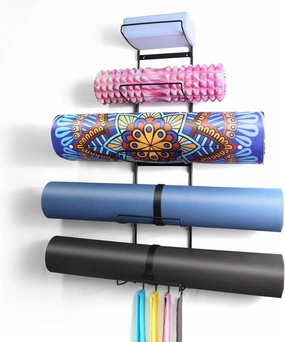 MRZZATA 5-Tiers Yoga Mat Holder Wall Mount, Metal Storage Rack for Yoga Mat/Wheels, Foam Roller and Block, Wall Rack with 4-Hooks for Hanging Stretching Strap, Resistance Bands