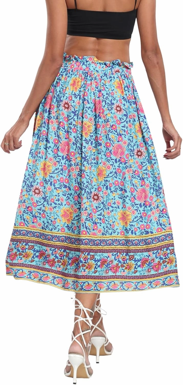 Naggoo Women's Skirts High Elastic Waisted Casual Skirt Pleated Floral/Solid Midi Skirts with Pockets