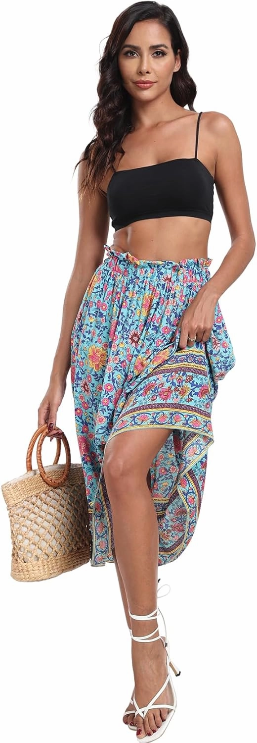 Naggoo Women's Skirts High Elastic Waisted Casual Skirt Pleated Floral/Solid Midi Skirts with Pockets