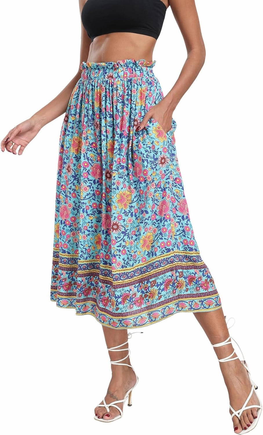 Naggoo Women's Skirts High Elastic Waisted Casual Skirt Pleated Floral/Solid Midi Skirts with Pockets