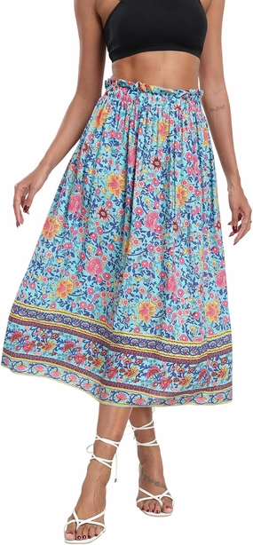 Naggoo Women's Skirts High Elastic Waisted Casual Skirt Pleated Floral/Solid Midi Skirts with Pockets
