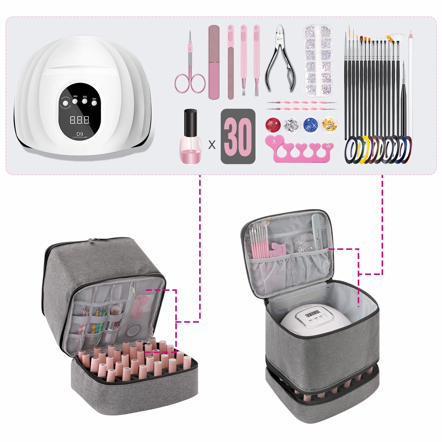 Nail Dryer Storage Case - Double Layer Carrying Case for 30 Bottles, Holds Large Capacity Storage Bag for Gel Nail Polish, Grey