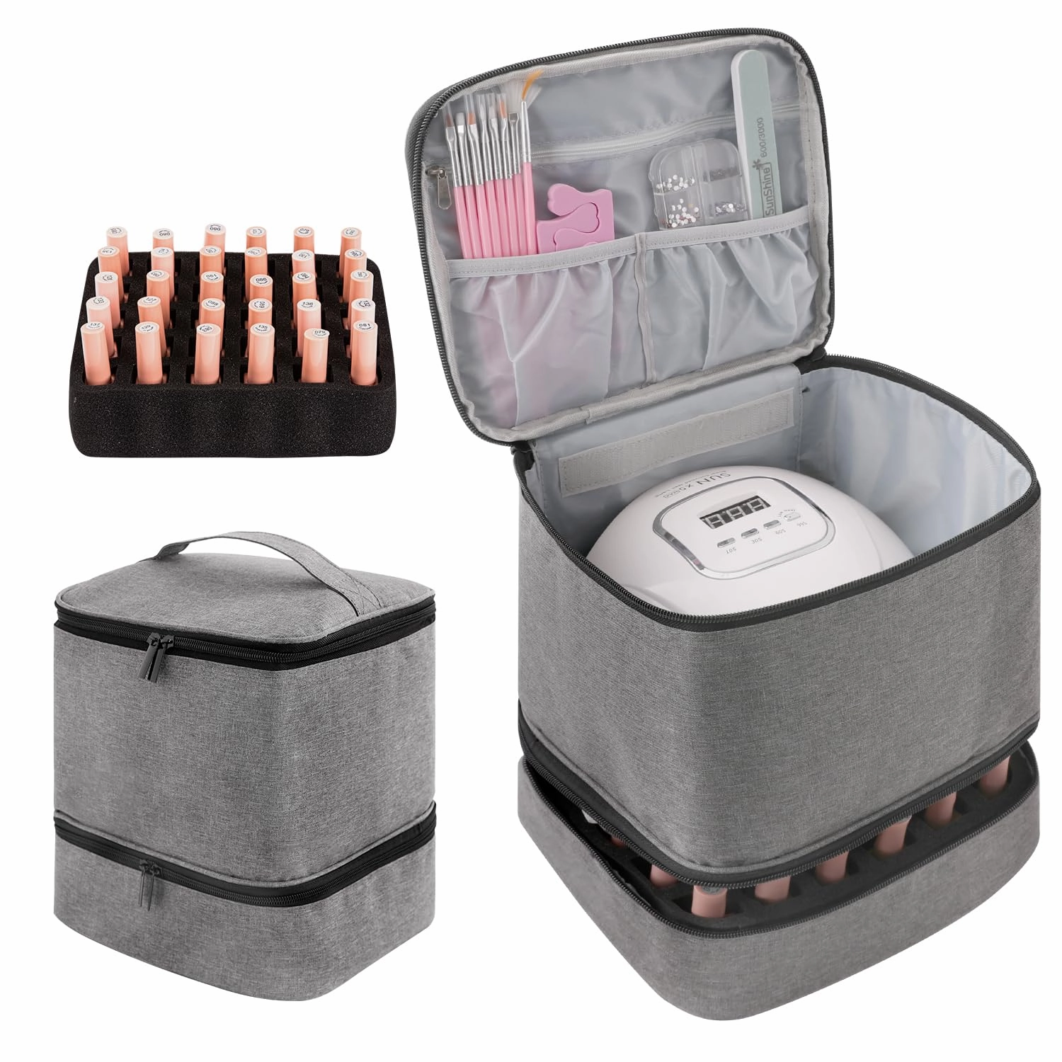 Nail Dryer Storage Case - Double Layer Carrying Case for 30 Bottles, Holds Large Capacity Storage Bag for Gel Nail Polish, Grey