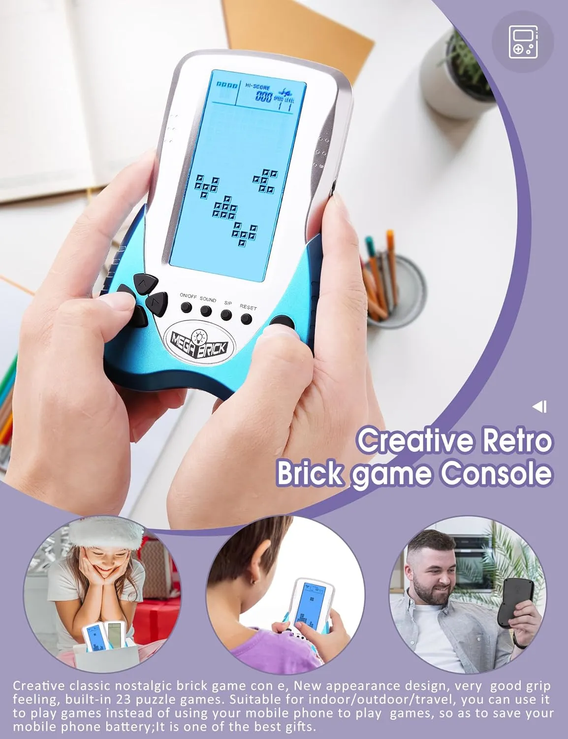 New Retro Block Brick Game Console Large Screen Blue Backlight Brightness can be Adjusted Build in 23 Game Compatible with Lithium Battery/AAA Batteries can Plug in Headphone (Blue)