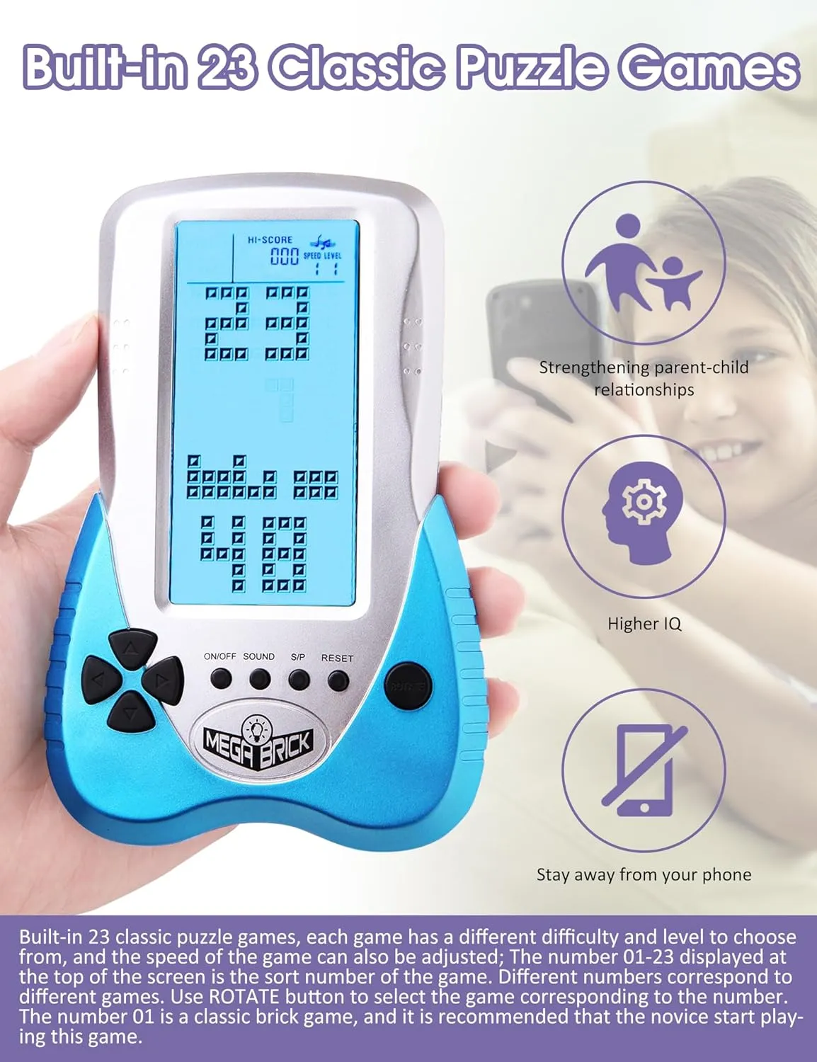 New Retro Block Brick Game Console Large Screen Blue Backlight Brightness can be Adjusted Build in 23 Game Compatible with Lithium Battery/AAA Batteries can Plug in Headphone (Blue)