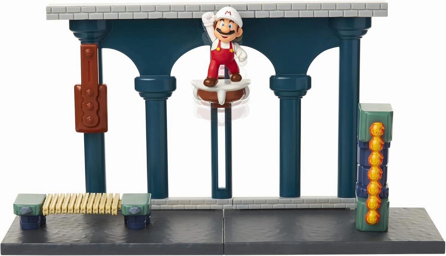 Nintendo Super Mario Lava Castle Deluxe Play Set, Includes: 2.5” Fire Mario Figure & Mechanical Features, Spinning Fireballs Tower, Swinging Pendulum, Bone Lift & Bridge