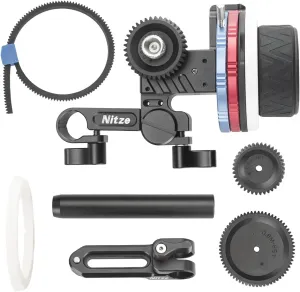 Nitze Mini Follow Focus, with 15mm Rod and Rod Clamp, Gear Ring Belt, 3 Reversible Drive Gears and 2 Marking Disks, Supports A/B Hard Stops and 360° Infinity Zoom - MF15C