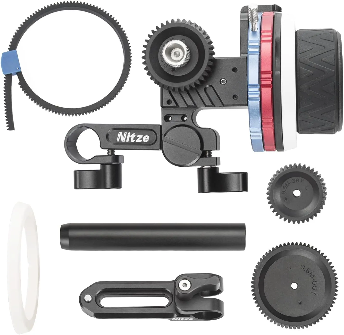 Nitze Mini Follow Focus, with 15mm Rod and Rod Clamp, Gear Ring Belt, 3 Reversible Drive Gears and 2 Marking Disks, Supports A/B Hard Stops and 360° Infinity Zoom - MF15C