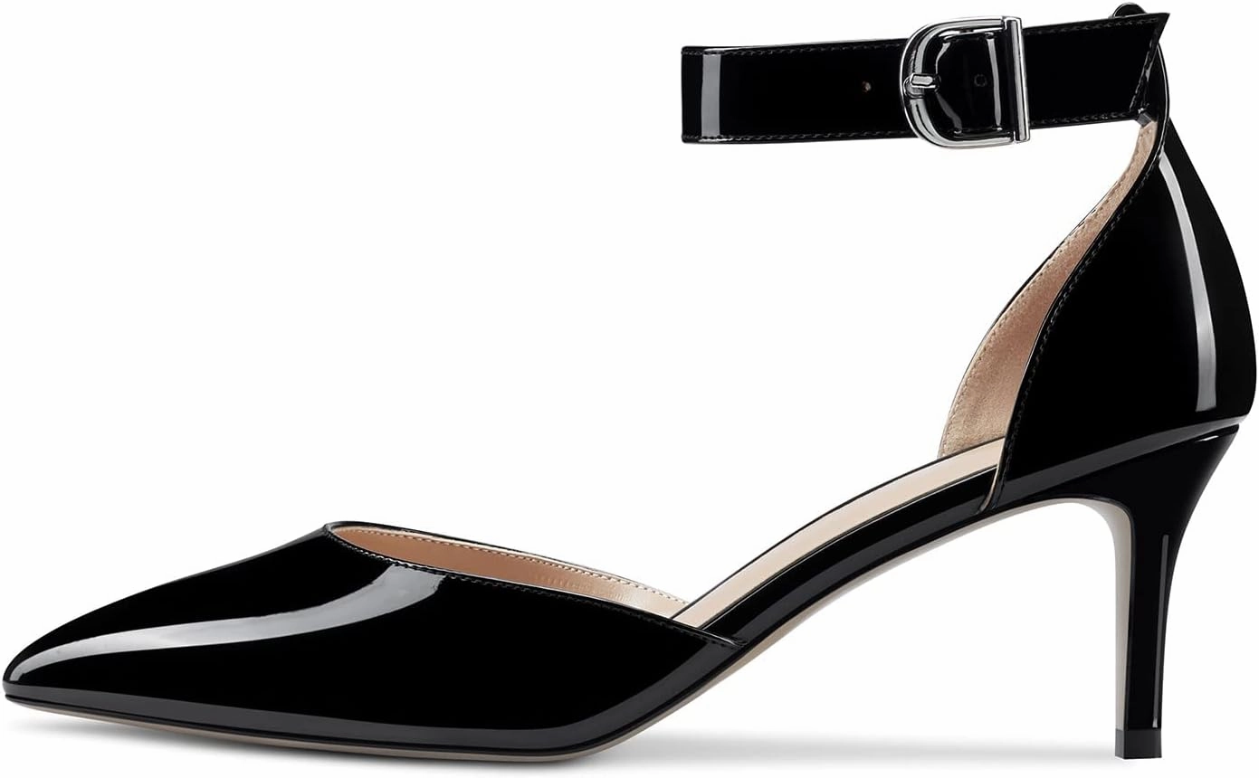 NobleOnly Women Stiletto Kitten Low Heel Ankle Strap Pumps Close Pointed Toe Wedding Office Dress Shoes 2.6 Inches Heels