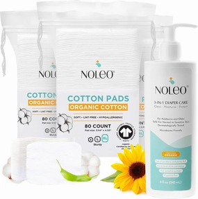 Noleo Organic Cotton Pads with 3-in-1 Diaper Care - 240ct Extra Large & Pressed Cotton Squares 3.54x4.33in Pads - 8oz All in One Baby Cleanser, Baby Lotion & Diaper Rash Cream
