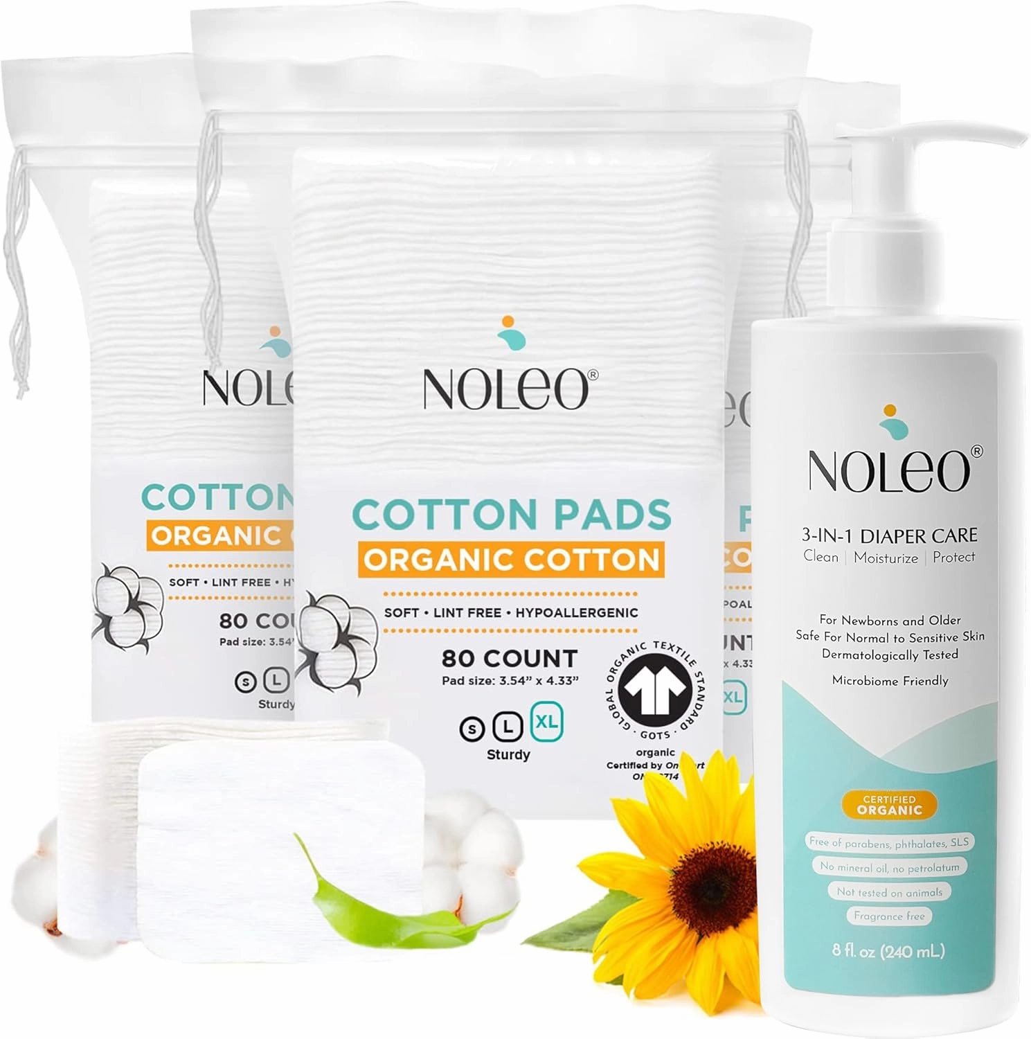 Noleo Organic Cotton Pads with 3-in-1 Diaper Care - 240ct Extra Large & Pressed Cotton Squares 3.54x4.33in Pads - 8oz All in One Baby Cleanser, Baby Lotion & Diaper Rash Cream