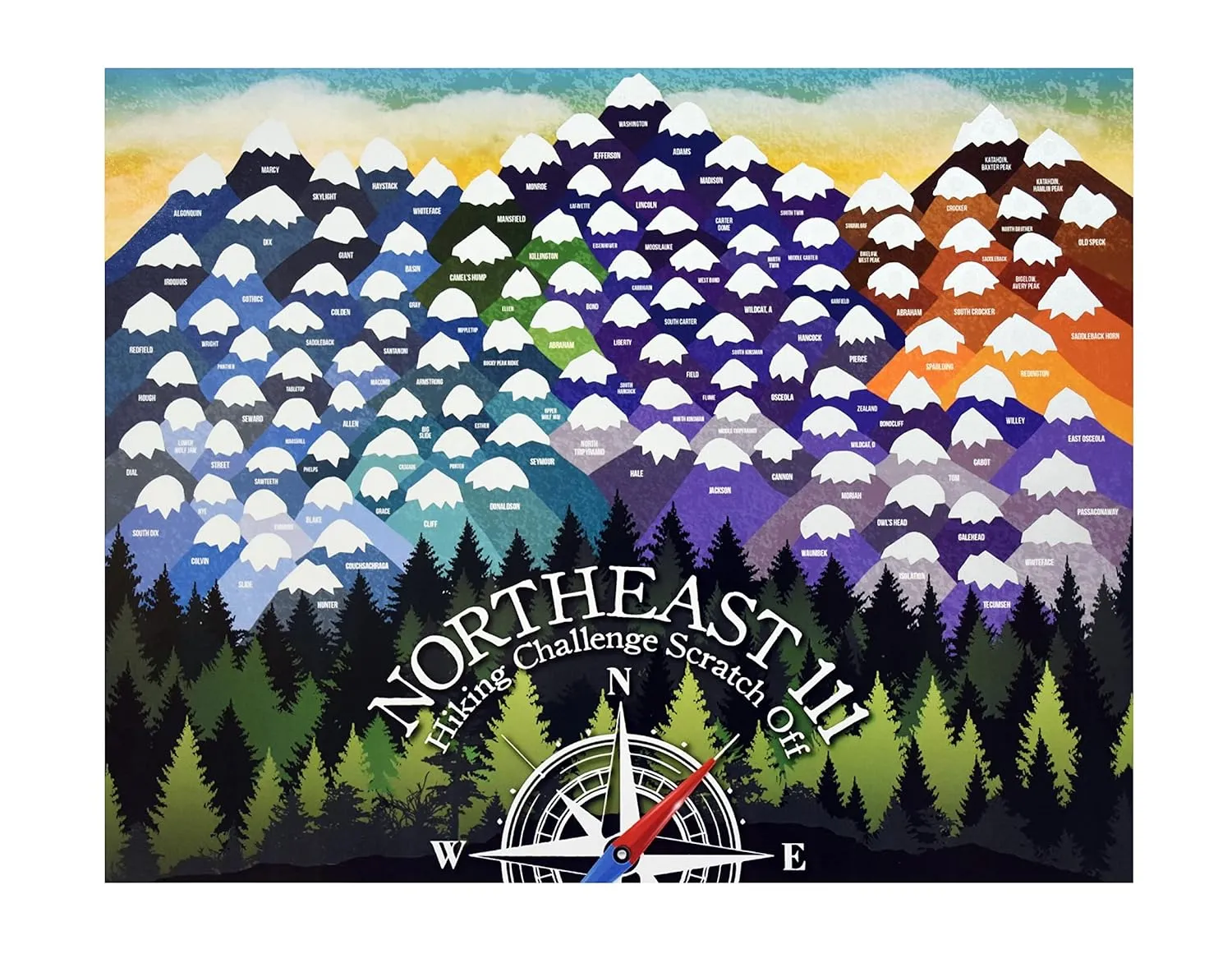 Northeast 111 Hiking Challenge Scratch Off/NY'S High Peaks/Vermont/NH 48 4,000 footers/Maine/peakquest/Hiking Supplies and Accessories/ 11x14" in size/hiking log or journal/map