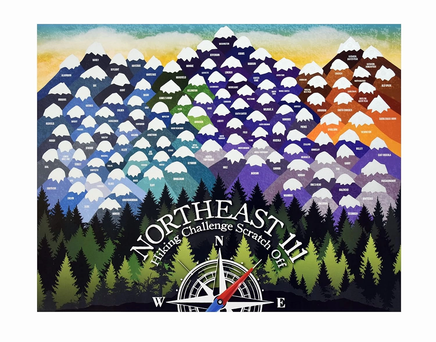 Northeast 111 Hiking Challenge Scratch Off/NY'S High Peaks/Vermont/NH 48 4,000 footers/Maine/peakquest/Hiking Supplies and Accessories/ 11x14" in size/hiking log or journal/map