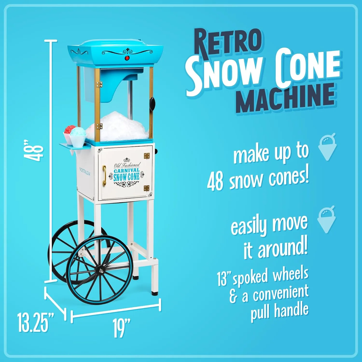 Nostalgia Snow Cone Shaved Ice Machine - Retro Cart Slushie Machine Makes 48 Icy Treats - Includes Metal Scoop, Storage Compartment, Wheels for Easy Mobility - White, Blue