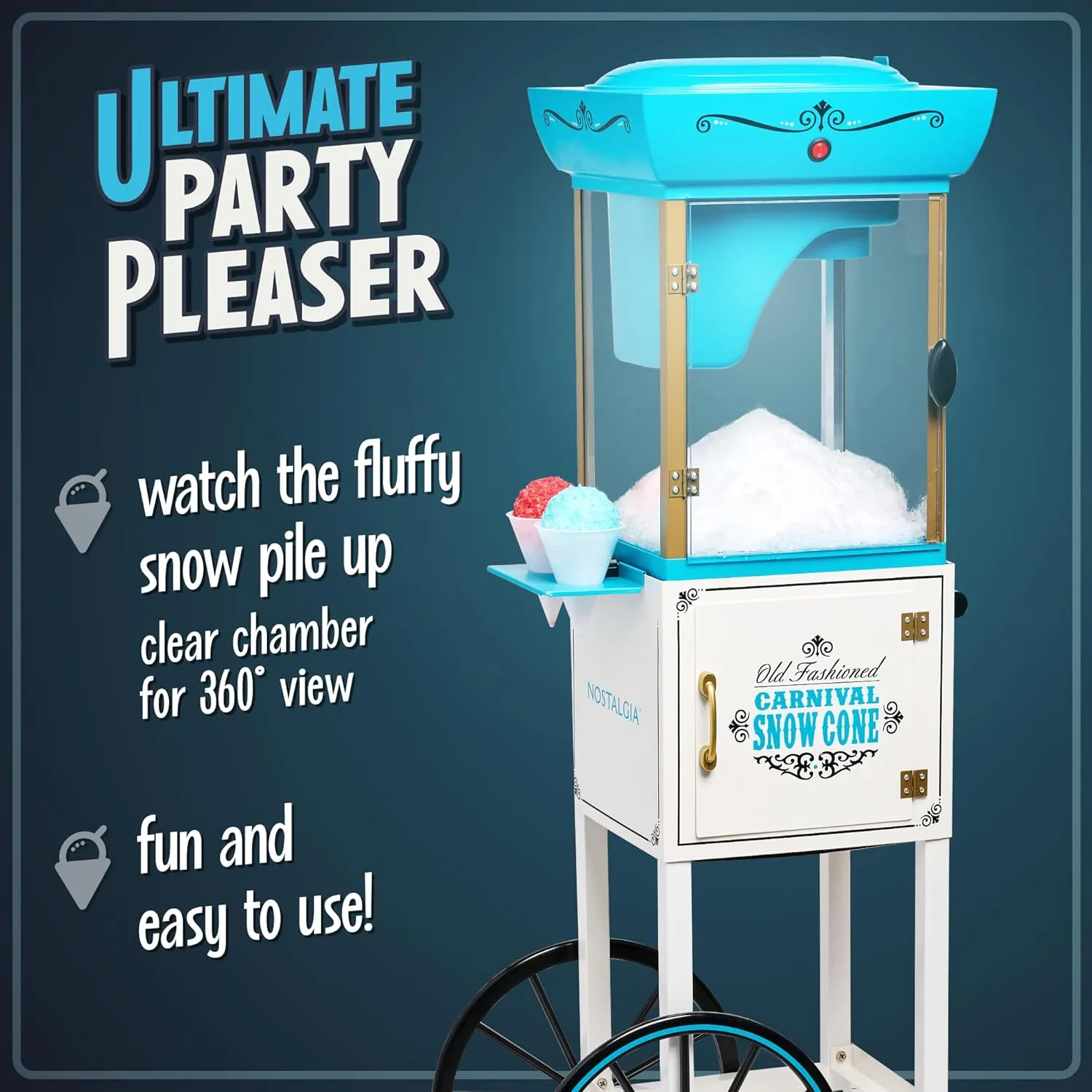 Nostalgia Snow Cone Shaved Ice Machine - Retro Cart Slushie Machine Makes 48 Icy Treats - Includes Metal Scoop, Storage Compartment, Wheels for Easy Mobility - White, Blue