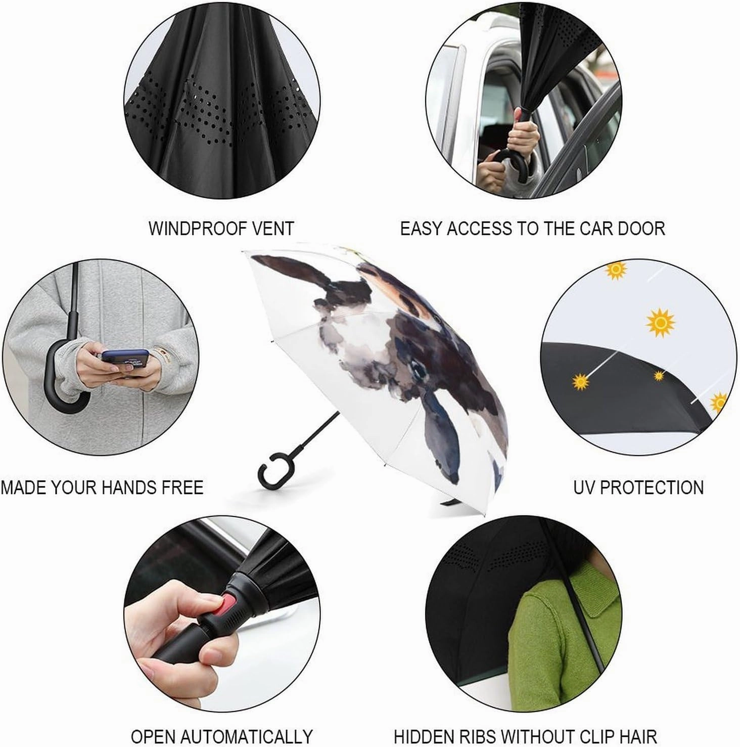 Nugier Auto Large Inverted Rain Umbrella, Sun Protect UV Winds Rain Compact Parasol Automatic Open/Close Reverse Car Umbrella