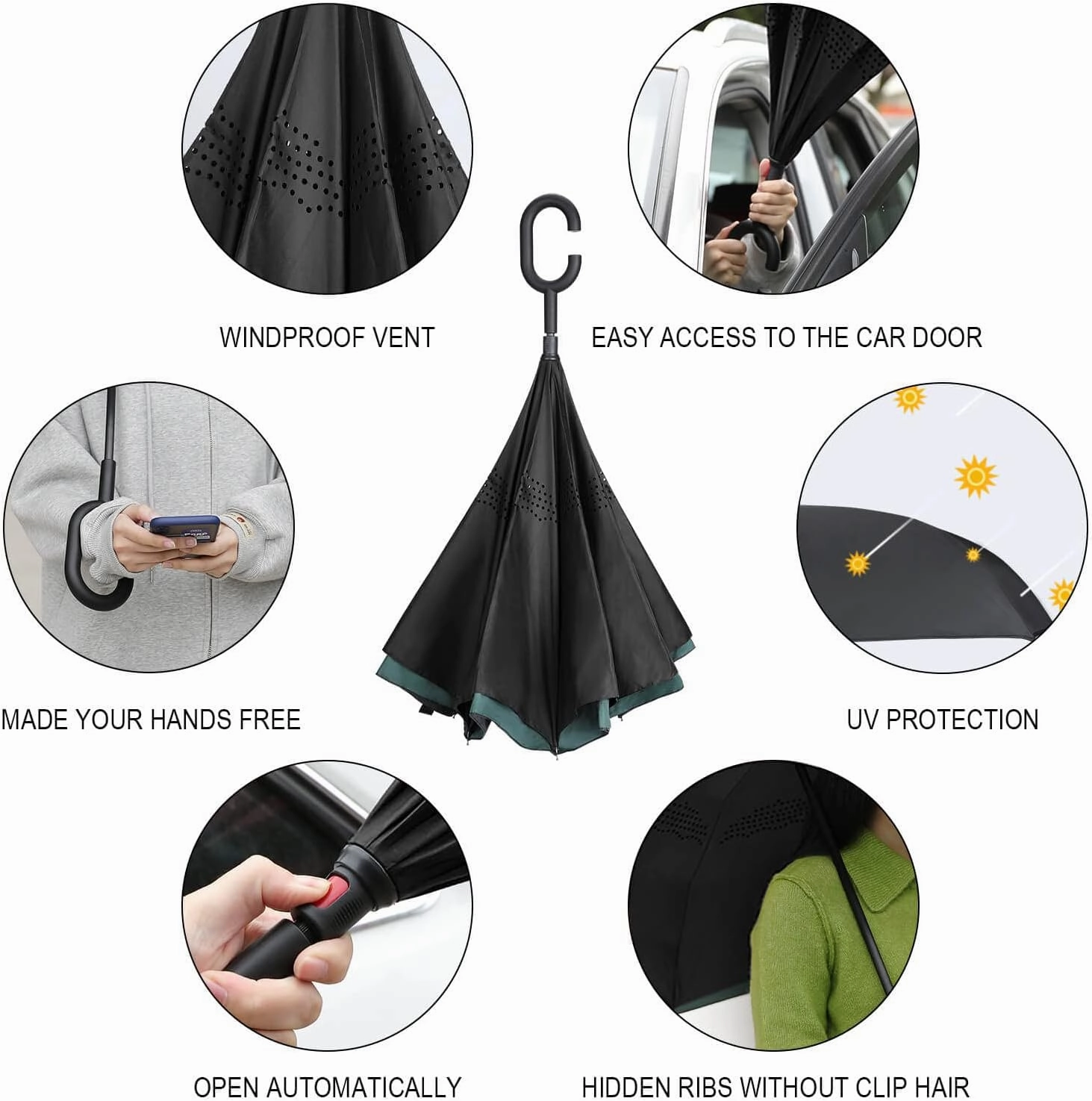 Nugier Auto Large Inverted Rain Umbrella, Sun Protect UV Winds Rain Compact Parasol Automatic Open/Close Reverse Car Umbrella