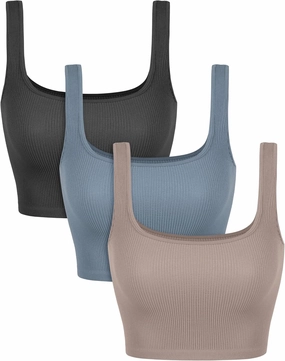 ODODOS 3-Pack Seamless Square Neck Crop Tank for Women Ribbed Knit Soft Low Back Cropped Tops