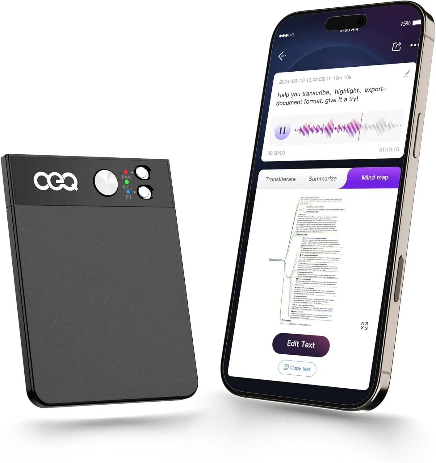OEQ AI Voice Recorder,64GB AI Speech Processor with Simultaneous Interpretation & Real-timeTranscription Powered by ChatGPT 4.5 with App Control for Students/Creatives/Journalist in Meetings (Black)